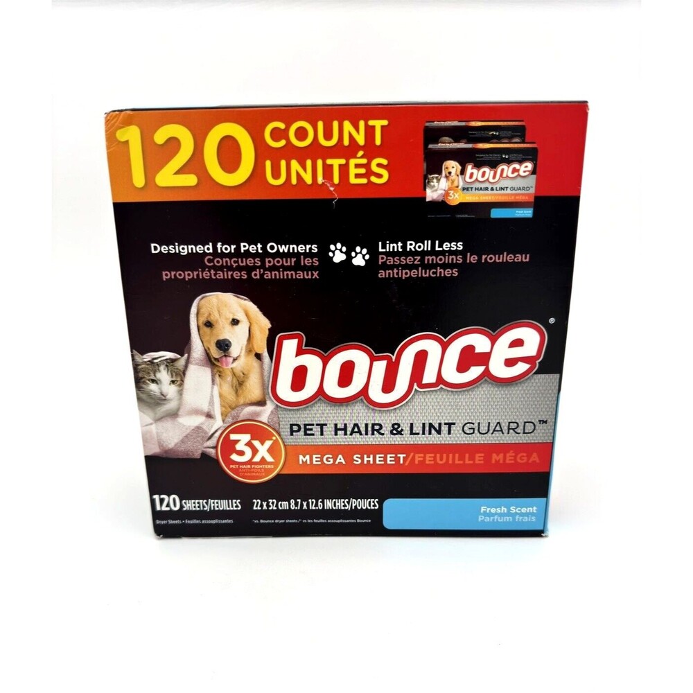 BOUNCE Pet Hair & Lint Guard MEGA Dryer Sheets - 3X Pet Hair Fighter ~ 120 Count